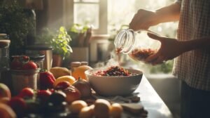 Une personne verse des fruits secs et du shilajit pur d'un bocal en verre dans un bol fumant, avec de la résine de shilajit, du bocal et des fruits frais à proximité.