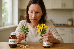 Une femme est assise à une table avec du shilajit, du shilajit pur, du shilajit en bocal, du shilajit resine, des herbes, des flacons "PHOIDILA" et "MOLLEPBRIDOL", des pilules entre les deux.