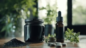 Un pot de shilajit noir, un flacon compte-gouttes de shilajit pur, un petit récipient de résine de shilajit, des comprimés, des graines sur bois avec des herbes.