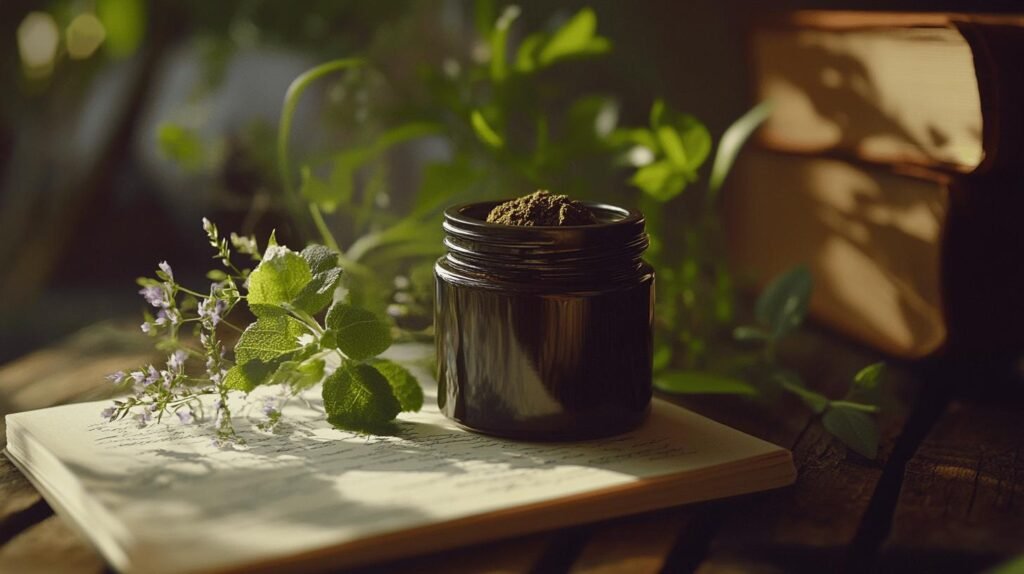 Un pot en verre foncé de shilajit pur, étiqueté shilajit en bocal et shilajit resine, sur un cahier avec des herbes et des livres flous.