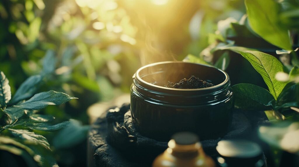 Un pot en verre foncé de shilajit pur, étiqueté shilajit en bocal avec shilajit resine, est posé sur une pierre au milieu de plantes vertes luxuriantes en plein air.