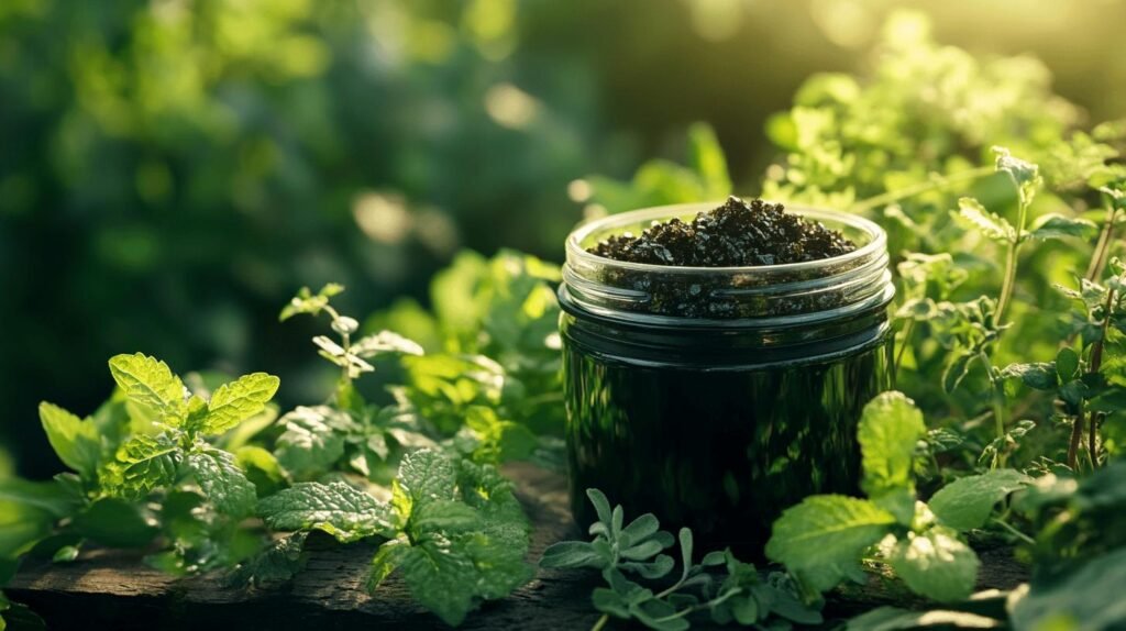 Un pot de verre contenant du shilajit pur, du shilajit en bocal et du shilajit resine est posé sur du bois, entouré d'herbes luxuriantes à la lumière du soleil.