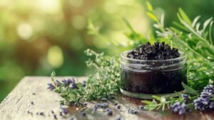 Un petit pot en verre de shilajit, étiqueté shilajit pur et shilajit resine, est posé avec des herbes et de la lavande dans un jardin ensoleillé.
