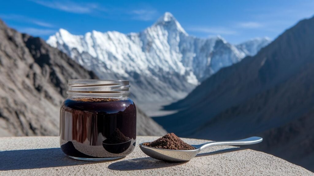 Un pot de shilajit pur, de la poudre de résine de shilajit foncée, et une cuillère à côté sont posés sur la pierre, avec les montagnes enneigées et le ciel bleu derrière.