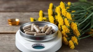 Une balance digitale affiche le shilajit, les gélules de shilajit pur dans un plat en métal, avec du pissenlit frais et du shilajit dans un récipient en résine bocal.