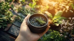 Une main tient un petit pot noir de shilajit pur avec une jeune plante verte, shilajit en bocal, shilajit résine en terre et au soleil.