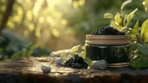 Un petit pot en verre contenant du shilajit pur, du shilajit en bocal et du shilajit résine est posé sur une souche au milieu de feuilles vertes, à la lumière du soleil.