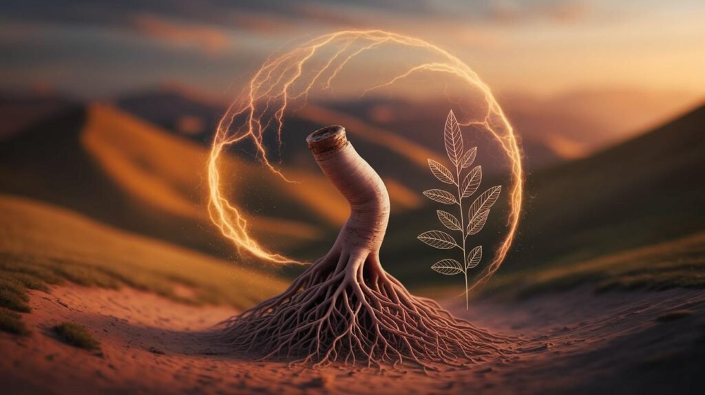 Une scène surréaliste avec shilajit, shilajit pur, shilajit en bocal, shilajit resine, souche d'arbre au milieu de l'énergie rayonnante, des collines et du ciel.