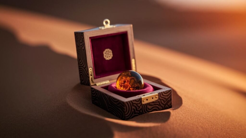 Une petite boîte ornée dont l'intérieur est en velours rouge contient du shilajit pur dans un bocal ; une sphère d'ambre brille à la lumière du soleil sur la surface sablonneuse.