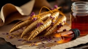 Carottes peintes en or avec shilajit pur, ficelle orange, pétales violets sur papier à côté d'un flacon de shilajit en bocal et de shilajit resine.