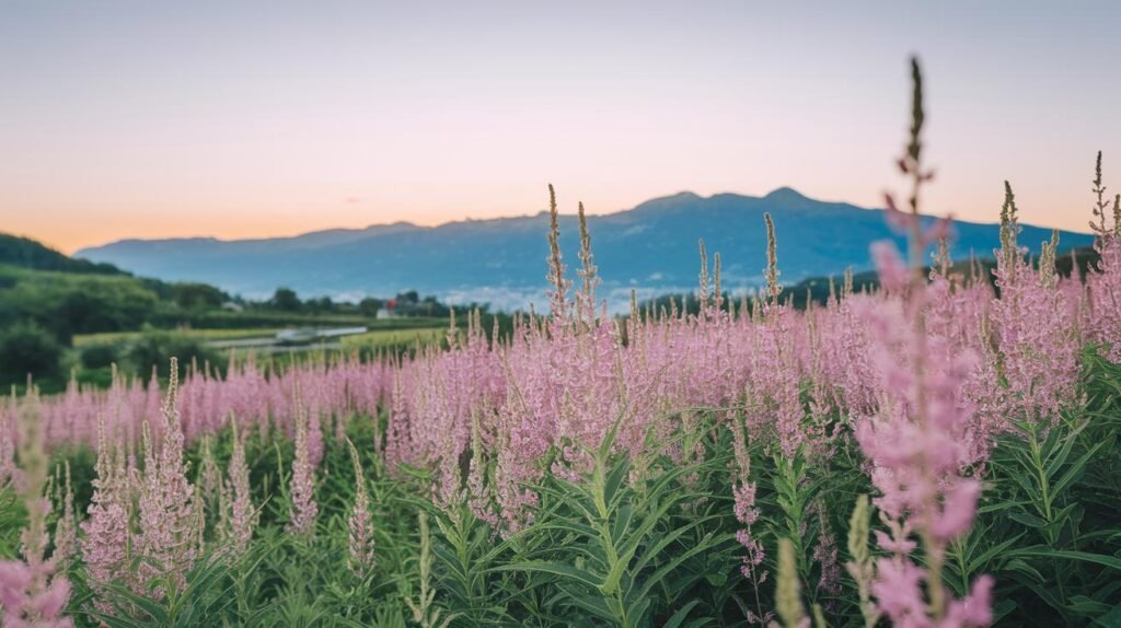 Un champ de shilajit, de shilajit pur, de fleurs sauvages roses et de shilajit en bocal fleurit sous un ciel de coucher de soleil, avec des collines de shilajit resine.