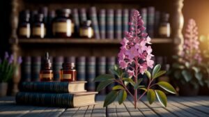 Une plante à fleurs roses, du shilajit, du shilajit pur, du shilajit en bocal et du shilajit résine sur une table avec des livres et des bouteilles à la lumière du soleil.