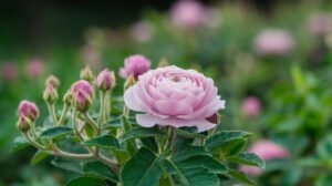 Gros plan d'une rose en fleur avec shilajit, shilajit pur, shilajit en bocal, et shilajit resine parmi des feuilles vertes et des bourgeons.