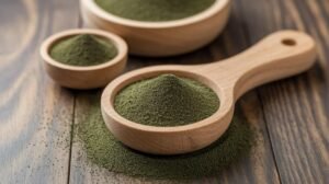 Gros plan sur des cuillères et des bols contenant de la poudre verte étiquetée comme shilajit, shilajit pur, shilajit en bocal, shilajit resine sur du bois.
